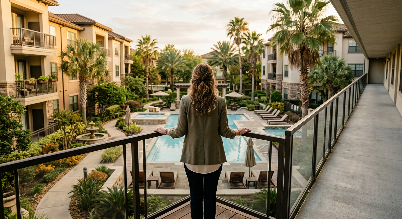A property manager looking out over their apartment community courtyard