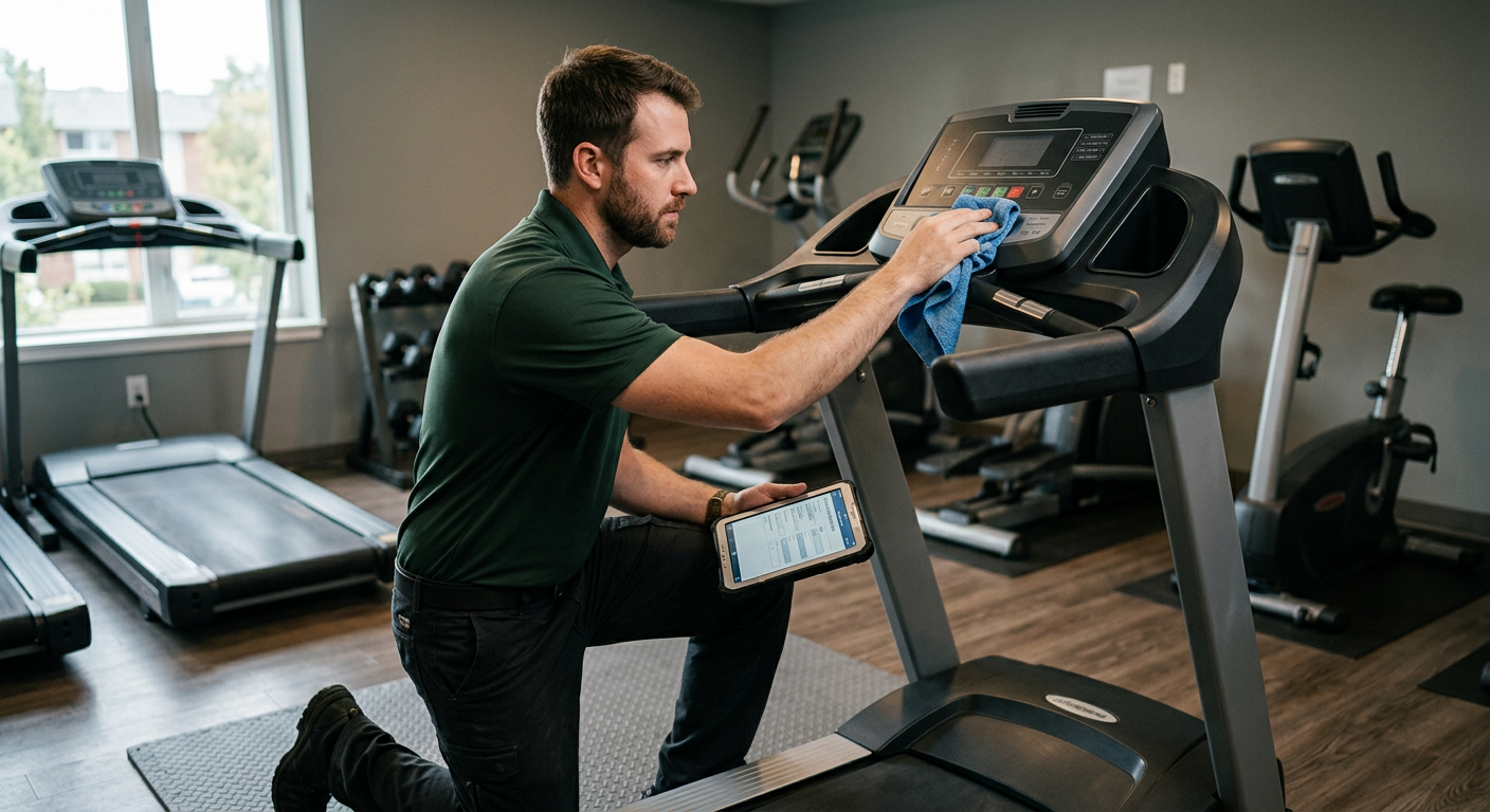 A Fitness care technician wiping down and checking a treadmill in an apartment fitness room